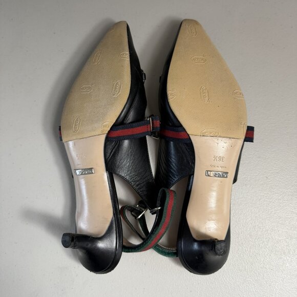Gucci Malaga Black Kid Web Horsebit Low Heel Slingback Pumps Sz 36.5 - Picture 7 of 14
